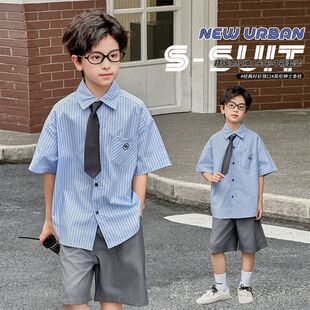 英伦中裤 时尚 条纹衬衫 带领带 学院风套装 新款 2025夏季 韩版