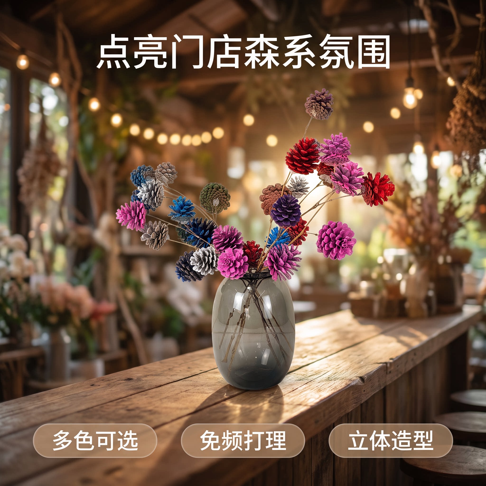 彩色松果干枝装饰摆件手工干花