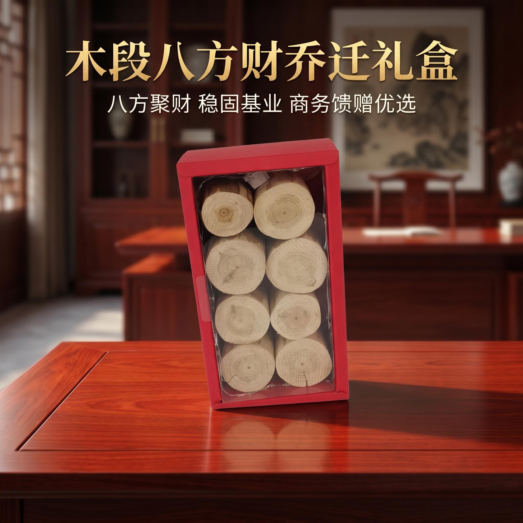 木段八方财乔迁礼盒开业摆件静物