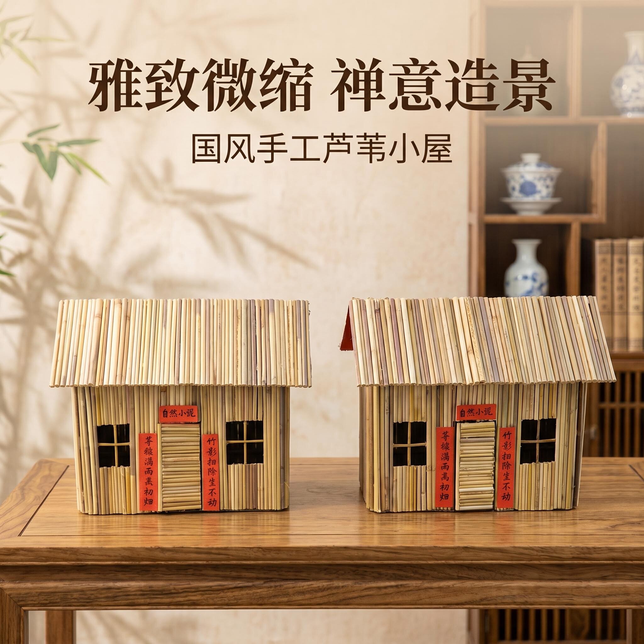 芦苇手工迷你小房屋桌面造景摆件