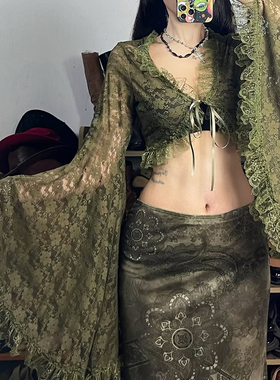 AOMR森系复古绿色系带蕾丝雪纺开衫女小众宽松喇叭袖露脐罩衫上衣