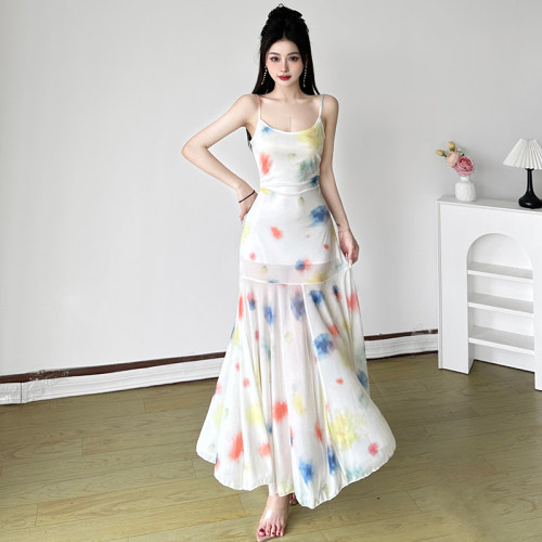 春夏水彩晕染海边度假风鱼尾裙子