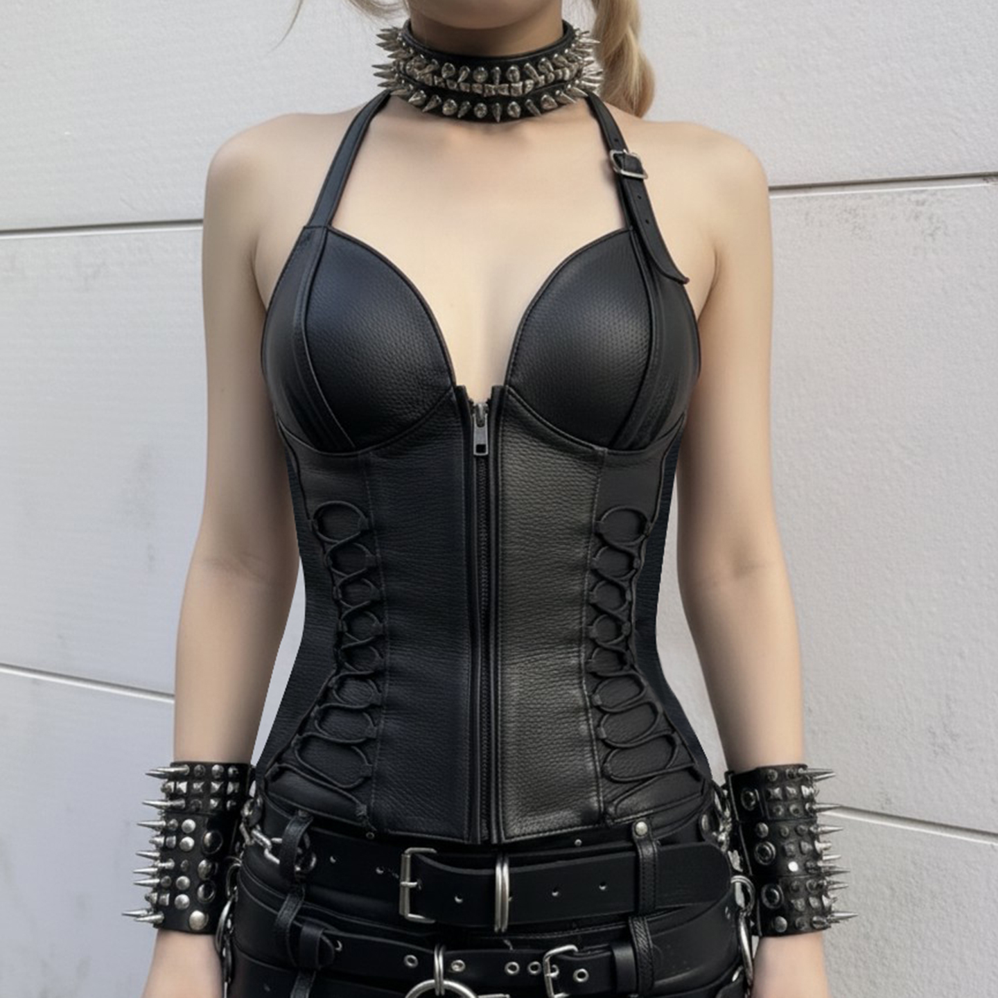 性感胸型系带收腰显瘦皮革背心女