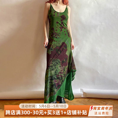 艺术感抽象绿植复古吊带长裙夏季