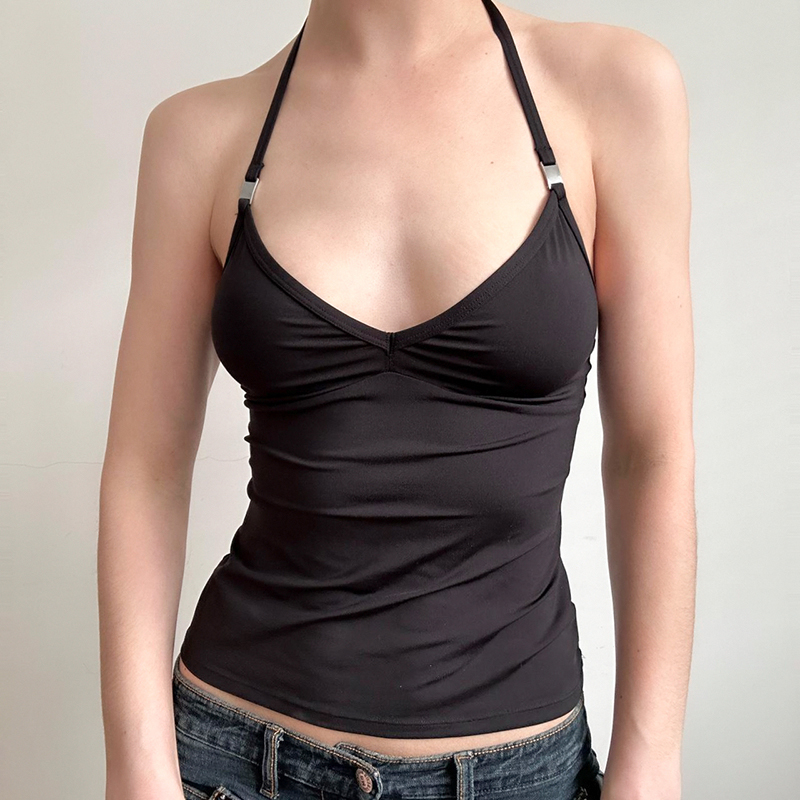 美式基础黑色金属绑带挂脖背心女