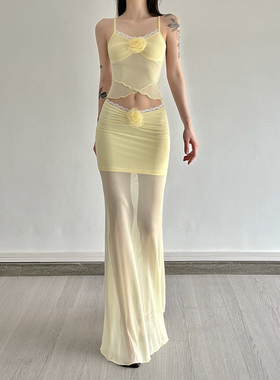 AOMR浅黄色轻薄透视网纱半身裙辣妹蕾丝花边低腰褶皱包臀鱼尾长裙