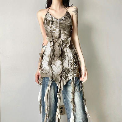 流浪风破洞流苏叠穿吊带裙上衣潮