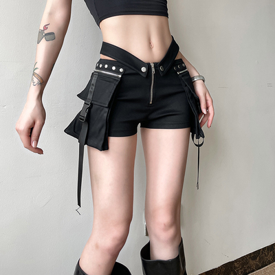 机能工装风V腰头立体口袋短裤女