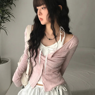 AOMR T恤 纯欲假两件蕾丝吊带背心上衣女甜美扭结排扣长袖 针织开衫