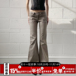 显瘦喇叭裤 AOMR高街美式 女小众阔脚拖地修身 口袋低腰牛仔裤 潮 工装