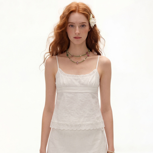 AOMR 浪漫嬉皮士花边拼接A摆吊带娃娃衫法式度假纯欲少女背心上衣