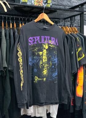罕见重磅水洗破坏tee！Sepultura1993专辑Chaos A D高街长袖T恤