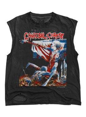 摇滚乐队CANNIBAL CORPSE EASTER暗黑叛逆水洗做旧砍袖背心破洞