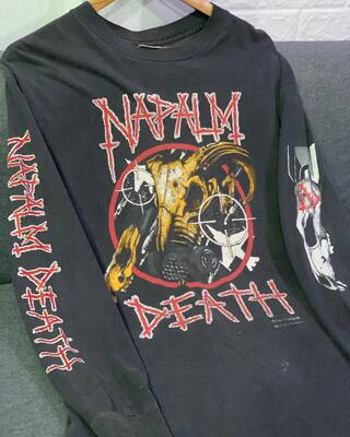 罕见水洗重磅破坏tee！Napalm Death美式复古高街Vintage长袖T恤