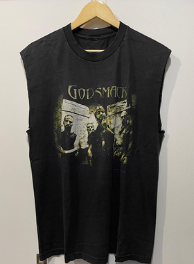 Godsmack摇滚乐队！阿美咔叽vintage美式重磅水洗做旧砍袖T恤