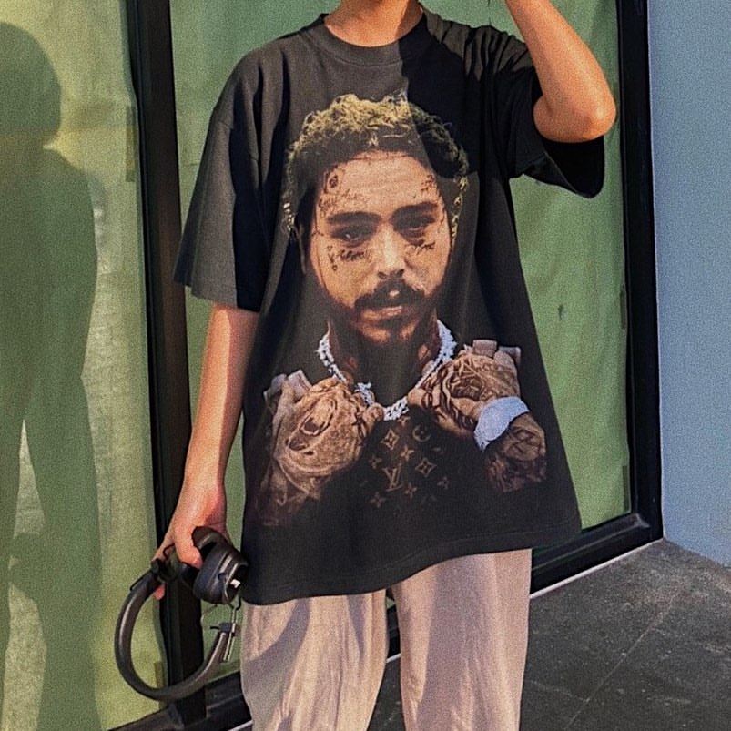 说唱歌手波兹马龙post malone重磅复古做旧短袖rapper穿搭大码t恤