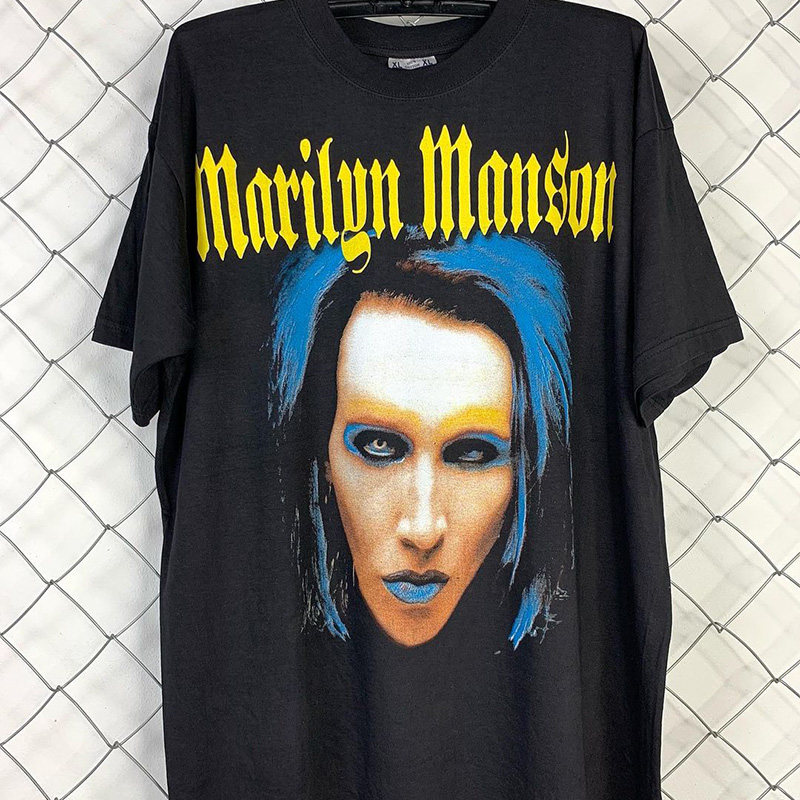 marilyn manson 玛丽莲·曼森人物复古做旧嘻哈街头风重磅短袖t恤