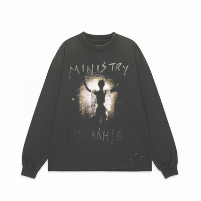 Ministry内阁乐队摇滚印花衬出小众设计感宽松落肩古着感长袖T恤