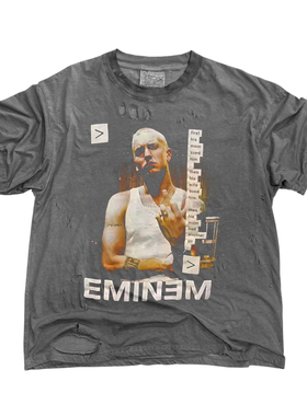 美式复古Eminem印花短袖T恤男宽松做旧摇滚潮牌上衣复古风格破洞