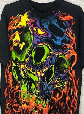 Flaming Skull BlackTee火焰骷髅创意设计大码复古暗黑短袖T恤
