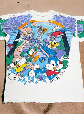 Tiny Toon 华纳兄弟动画人物形象满印Vintage大码水洗重磅短袖T恤