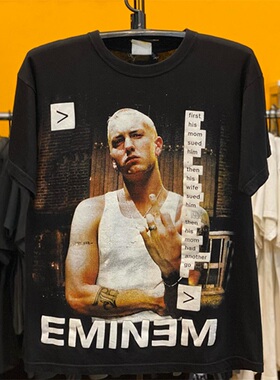 2000s Eminem 埃米纳姆美国歌手大印花Vintage做旧重磅短袖T恤