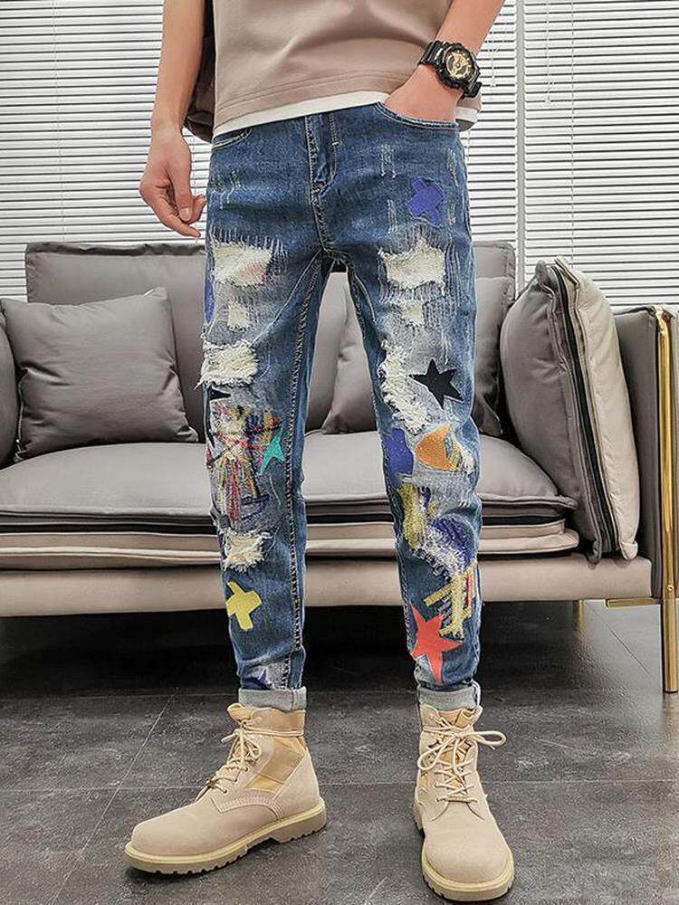 남자 찢어진 청바지 남자 트렌디한 여름 얇은 한식 스타일 트렌디한 활용도 높은 자수 팬츠 작은 발을 위한 슬림핏 바지