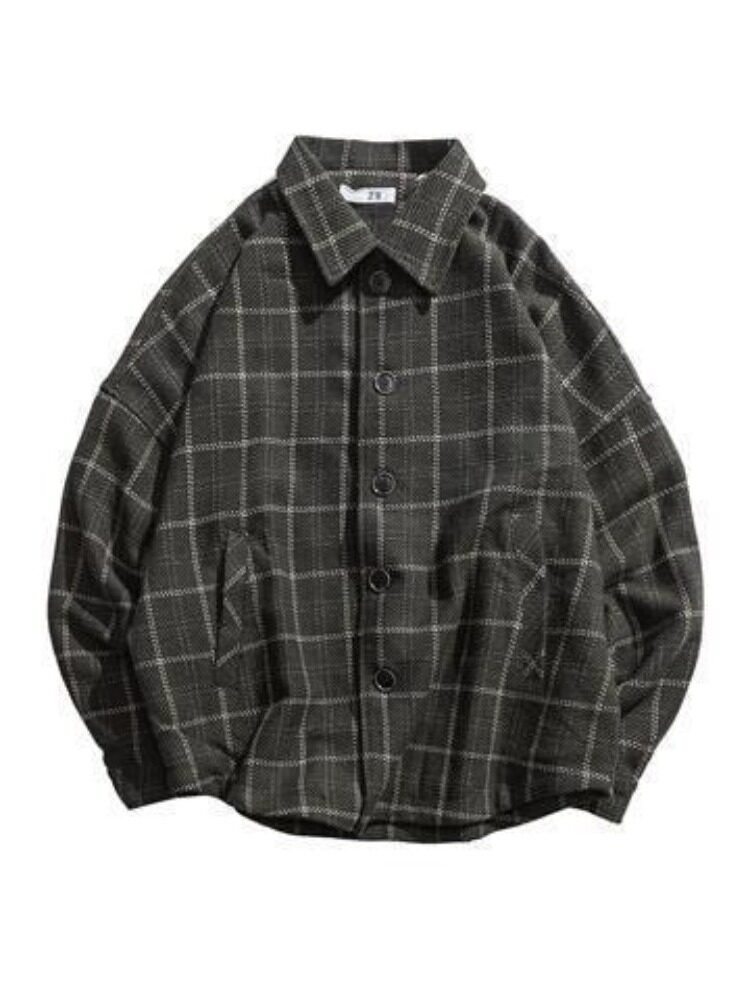 AUTUMN AND WINTER HONG KONG STYLE WOOLEN COAT MALE KOREAN VERSION OF LOOSE THICK PLAID JACKET TIDE BRAND INS RETRO HARAJUKU COAT