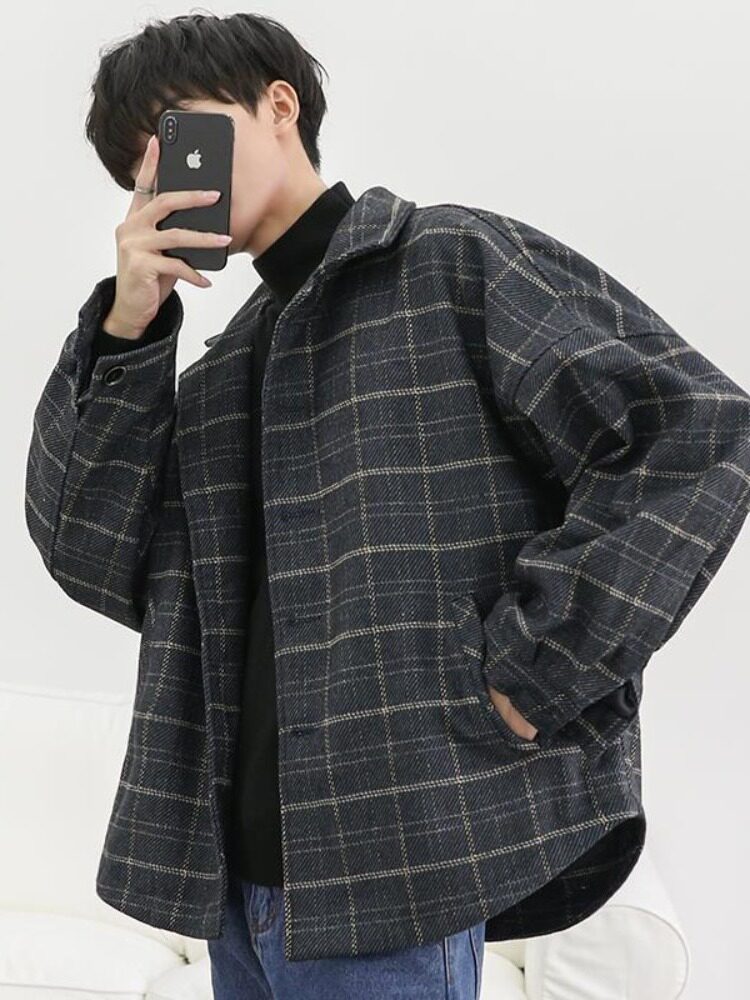 AUTUMN AND WINTER HONG KONG STYLE WOOLEN COAT MALE KOREAN VERSION OF LOOSE THICK PLAID JACKET TIDE BRAND INS RETRO HARAJUKU COAT