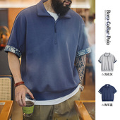 马登工装 美式 复古boro风半开襟polo古布印花宽松休闲翻领T恤男夏