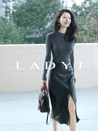 LadyJ100%绵羊皮高腰开叉皮裙