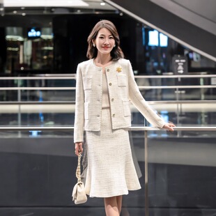 奢牌御用粗花呢高定气质小香外套鱼尾半裙套装 白金 经典 LadyJ