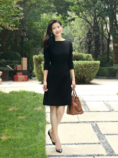 ry同源弹力丝光羊毛通勤气质黑色西装 The 连衣裙 黑天鹅 LadyJ