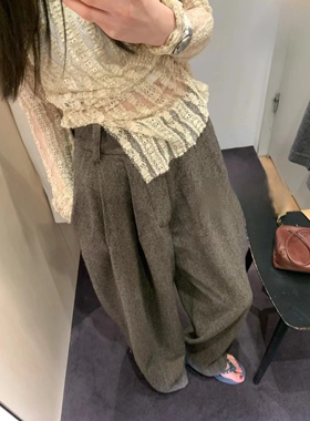 一缺|售完 uma同款人字纹羊毛高腰阔腿裤女士复古长裤