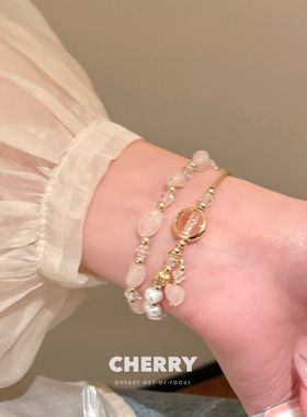 天然粉水晶珍珠手链女双层