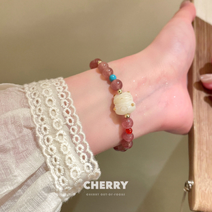 草莓水晶招财猫手串女士小清新甜美高颜值学生党手饰夏天闺蜜手串