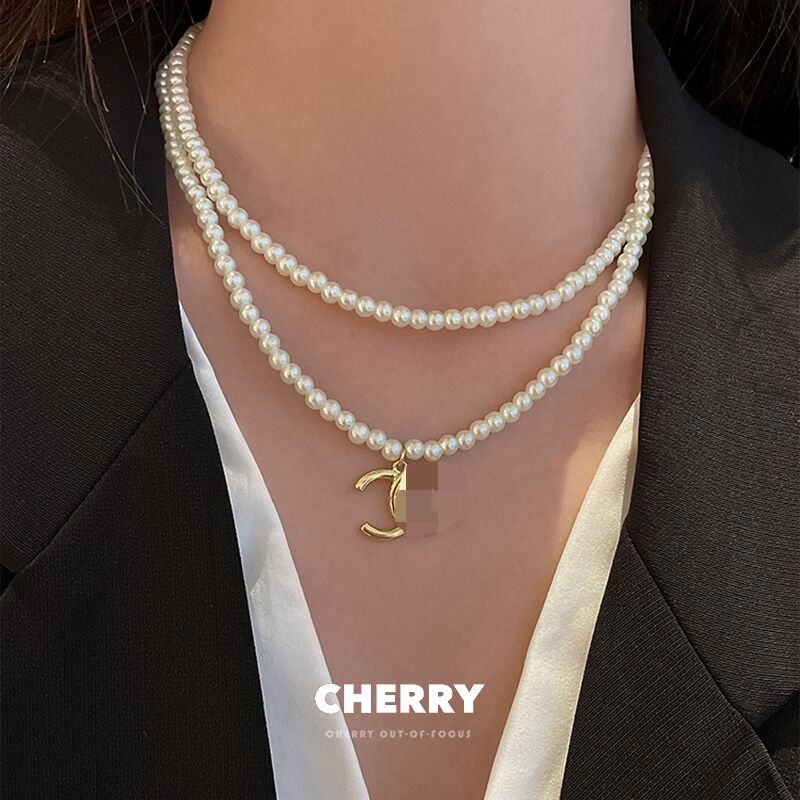 法式双层叠戴珍珠项链女