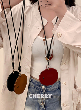 红色玛瑙皮质耳机包长款项链女