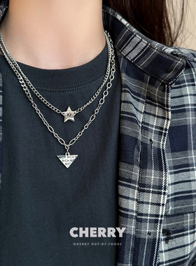 星星笑脸字母方形钛钢项链女双层叠戴装饰卫衣链男士嘻哈辣妹配饰