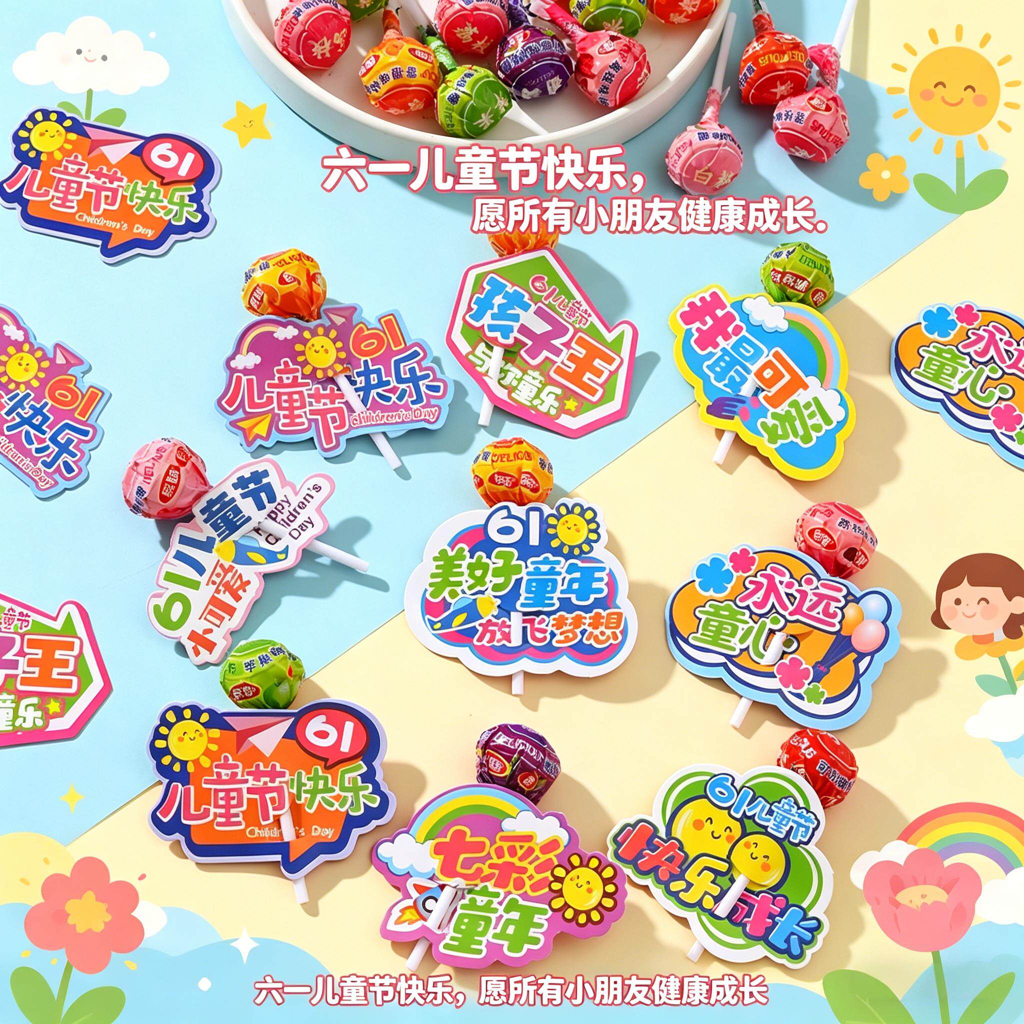 六一儿童节礼物棒棒糖装饰插卡水果糖商场酒店活动布置仪式感礼品