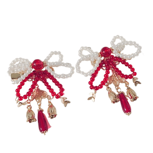 古风汉服红色珍珠蝴蝶结发夹头饰拜年头饰可爱儿童古装一对夹发饰