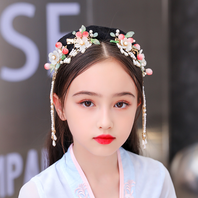 儿童汉服古装头饰女童古风发夹发饰流苏步摇小女孩中国风发卡头花