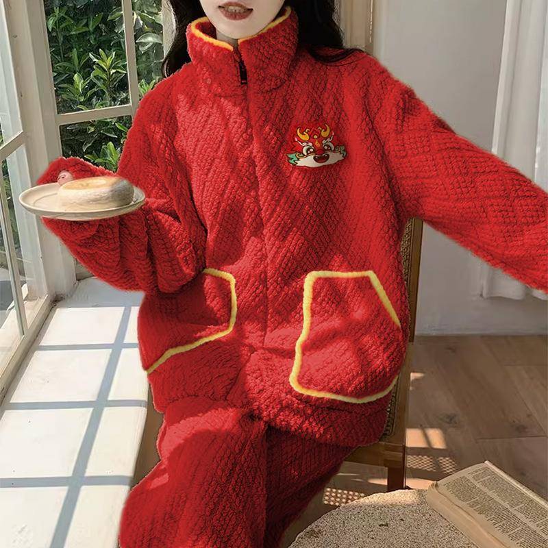 红FPV色本命睡衣居女年跨境秋新冬款加厚加绒立领保暖珊瑚绒家服