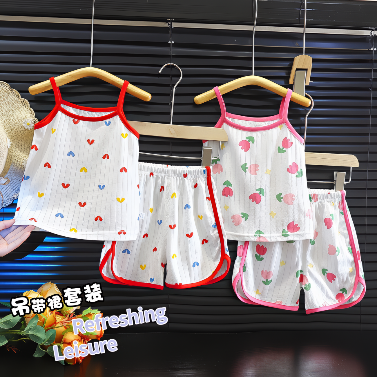 薄纯棉满印吊带套装款女孩夏天女女童夏季宝幼儿吊带