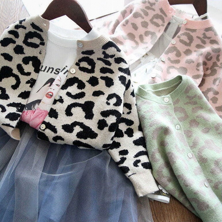 春秋打底衫薄外套女童亲子开衫外套针织线衫洋气豹纹小女孩外套宝