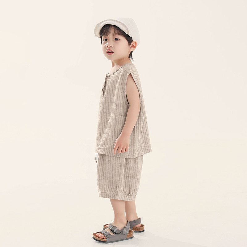 积木城堡男童夏装套装2026新款儿童条纹背心短裤两件套中小童薄款