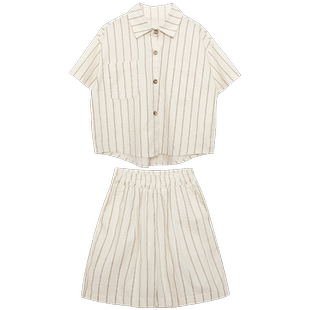 积木城堡男童套装夏装2025新款儿童中小童棉麻条纹短袖短裤两件套