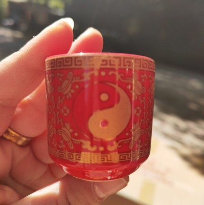 。道家酒杯三茶五酒国红色小酒盅上供黄色陶瓷小杯太极图案道坛摆