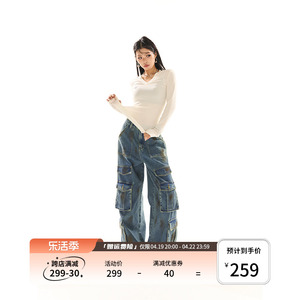 野生zerocircle复古蓝做旧工装牛仔裤女春宽松直筒阔腿设计感裤子