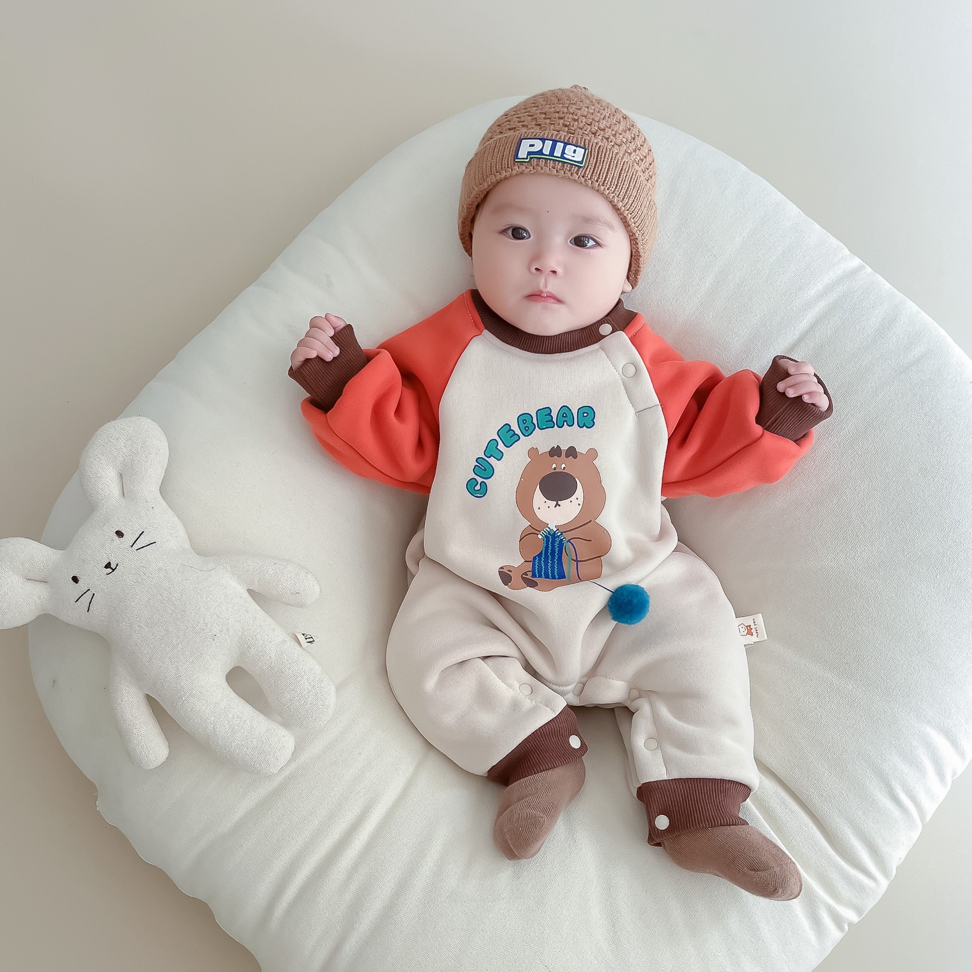 秋冬季卡通婴儿爬服小熊加绒哈衣